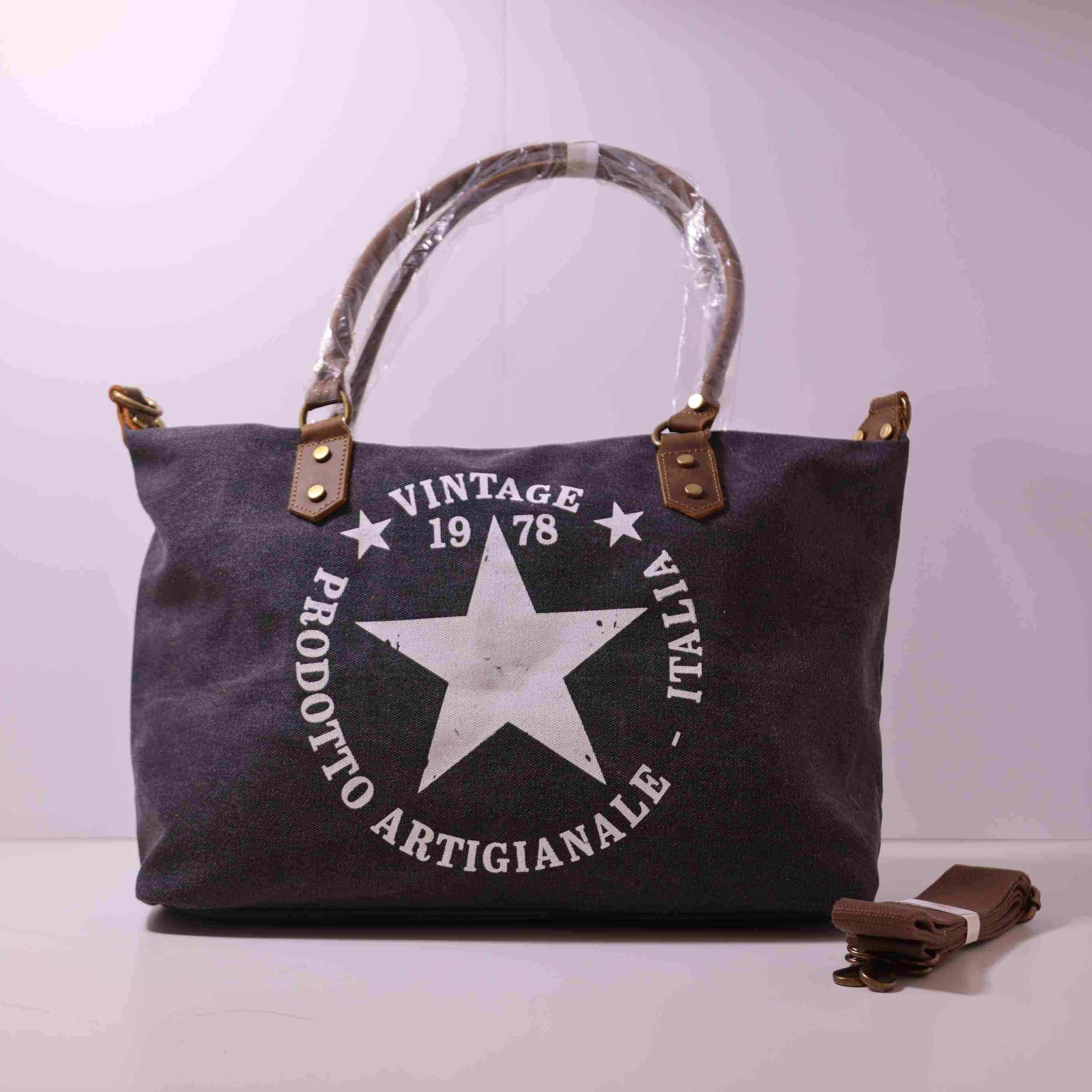 Bolso Tote Vintage de Lona y Cuero