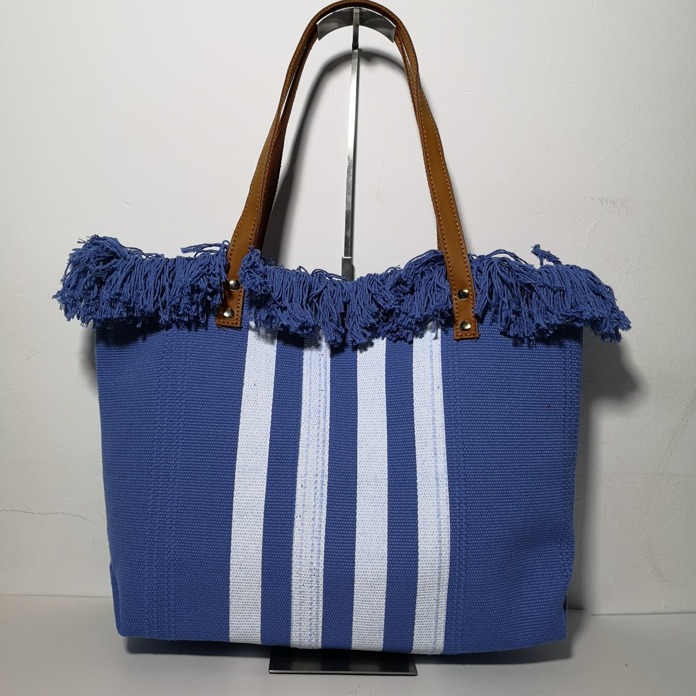 Bolso Tote de Rayas Verticales con Flecos de Algodón para Mujer