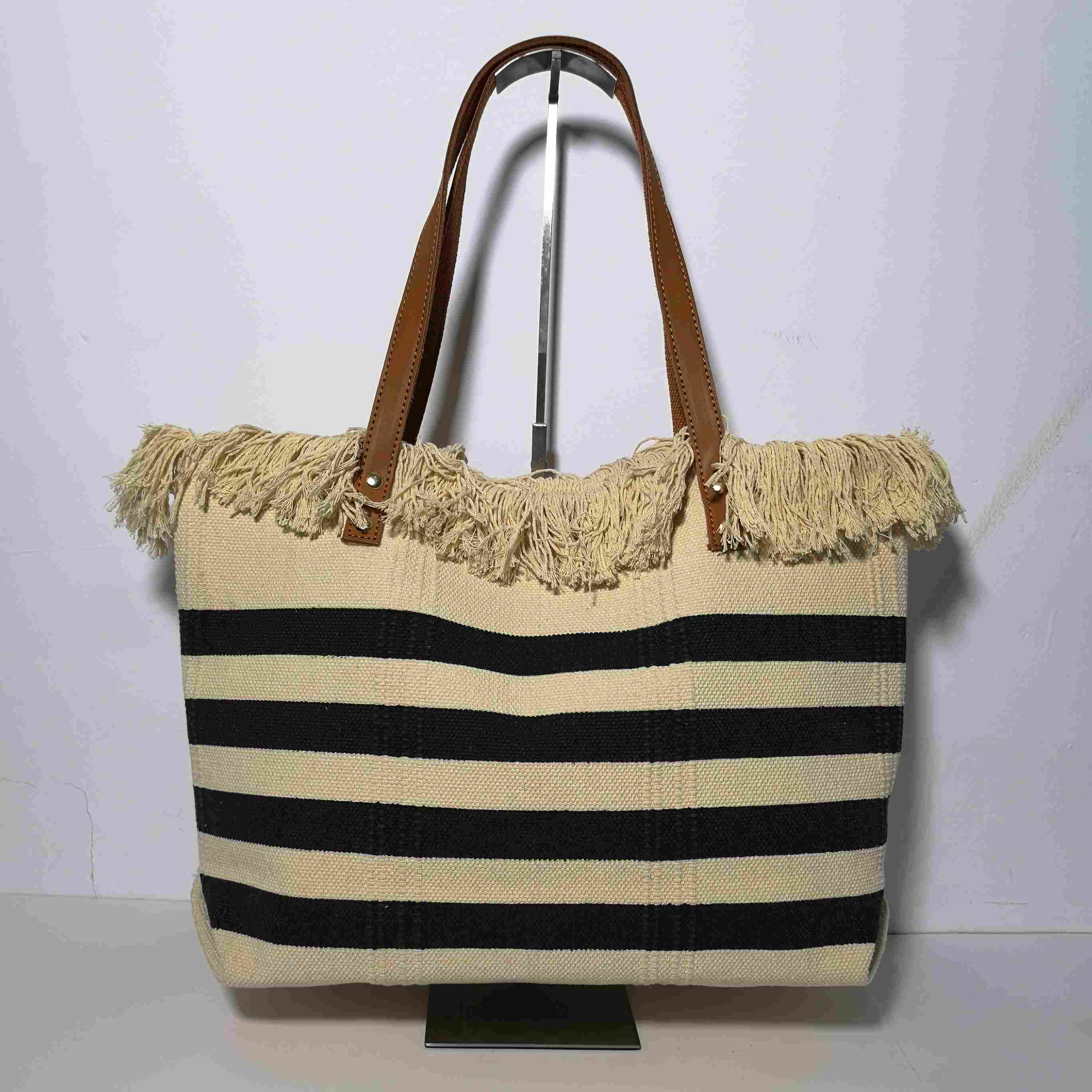 Bolso Tote de Rayas Horizontales con Flecos de Algodón para Mujer
