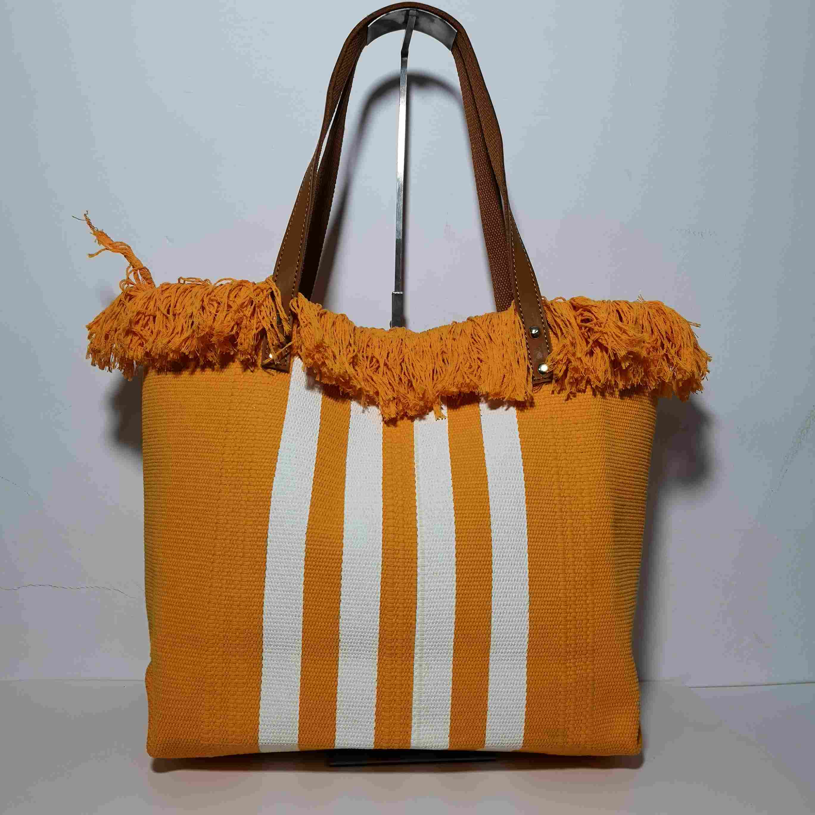 Bolso Tote de Rayas Verticales con Flecos de Algodón para Mujer