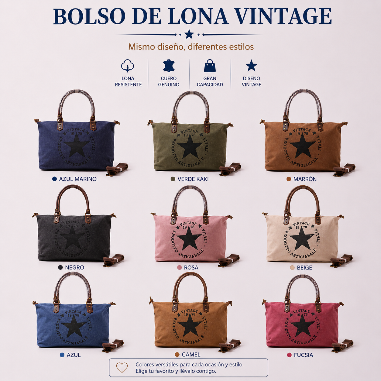 Bolso Tote Vintage de Lona y Cuero