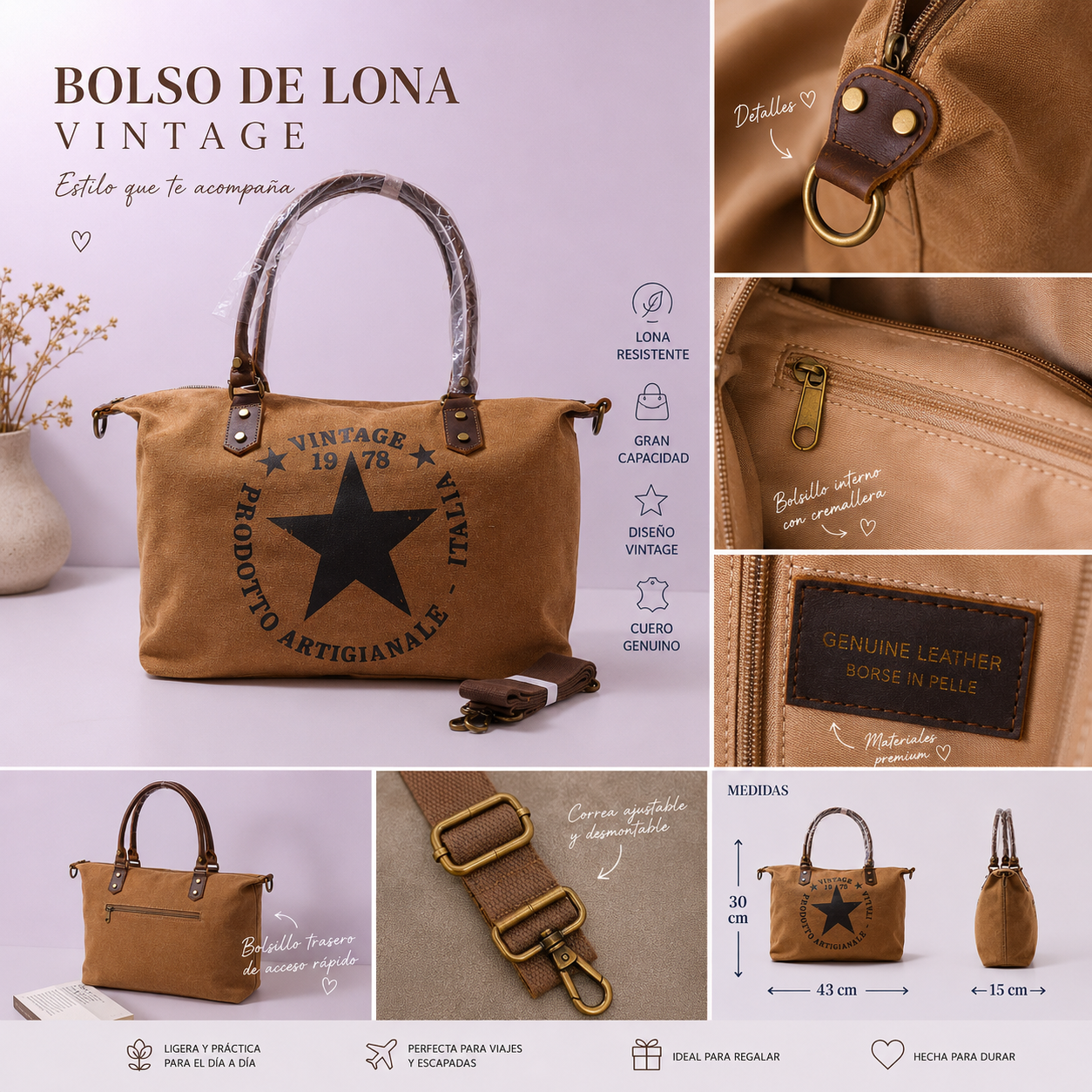 Bolso Tote Vintage de Lona y Cuero